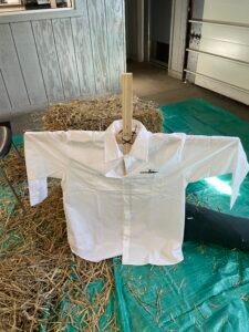 A white shirt with a black lanyard hangs on a wooden stick, set up like a scarecrow, with hay bales and a green tarp in the background.