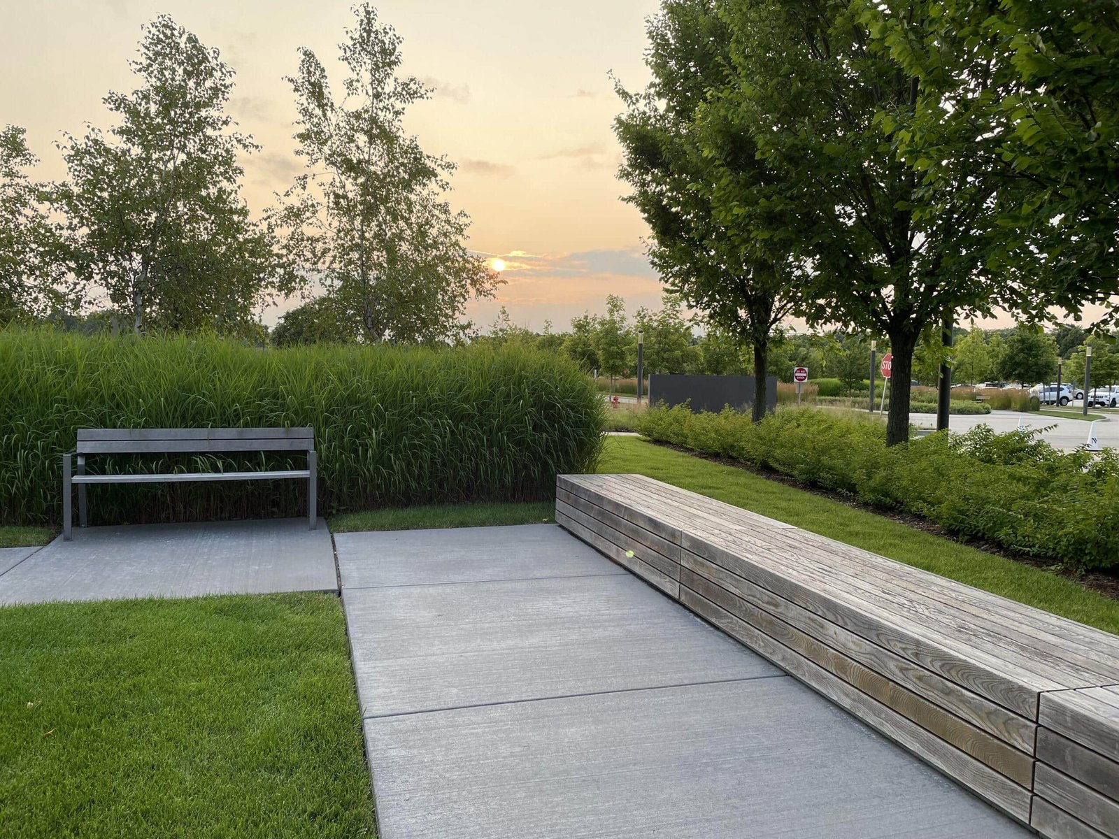A concrete path featuring a wooden bench and grey pergola glows under the sunset. Green trees and bushes, expertly maintained as part of landscape maintenance for HOAs, line the path in this serene landscaped area.