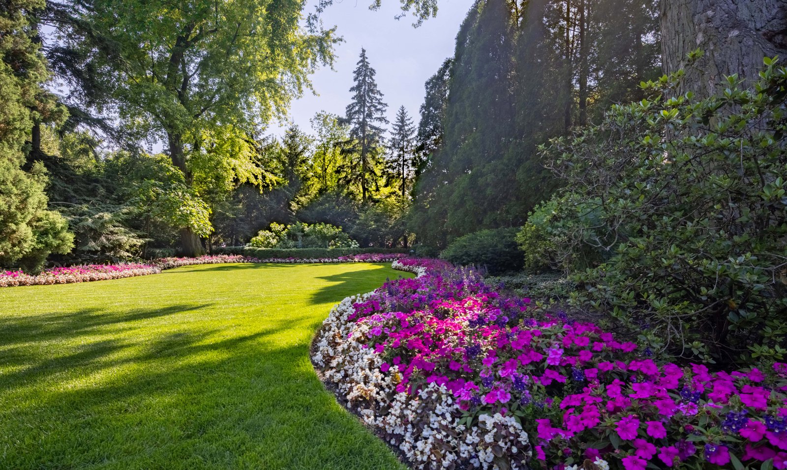 Garden with pink flower bed.