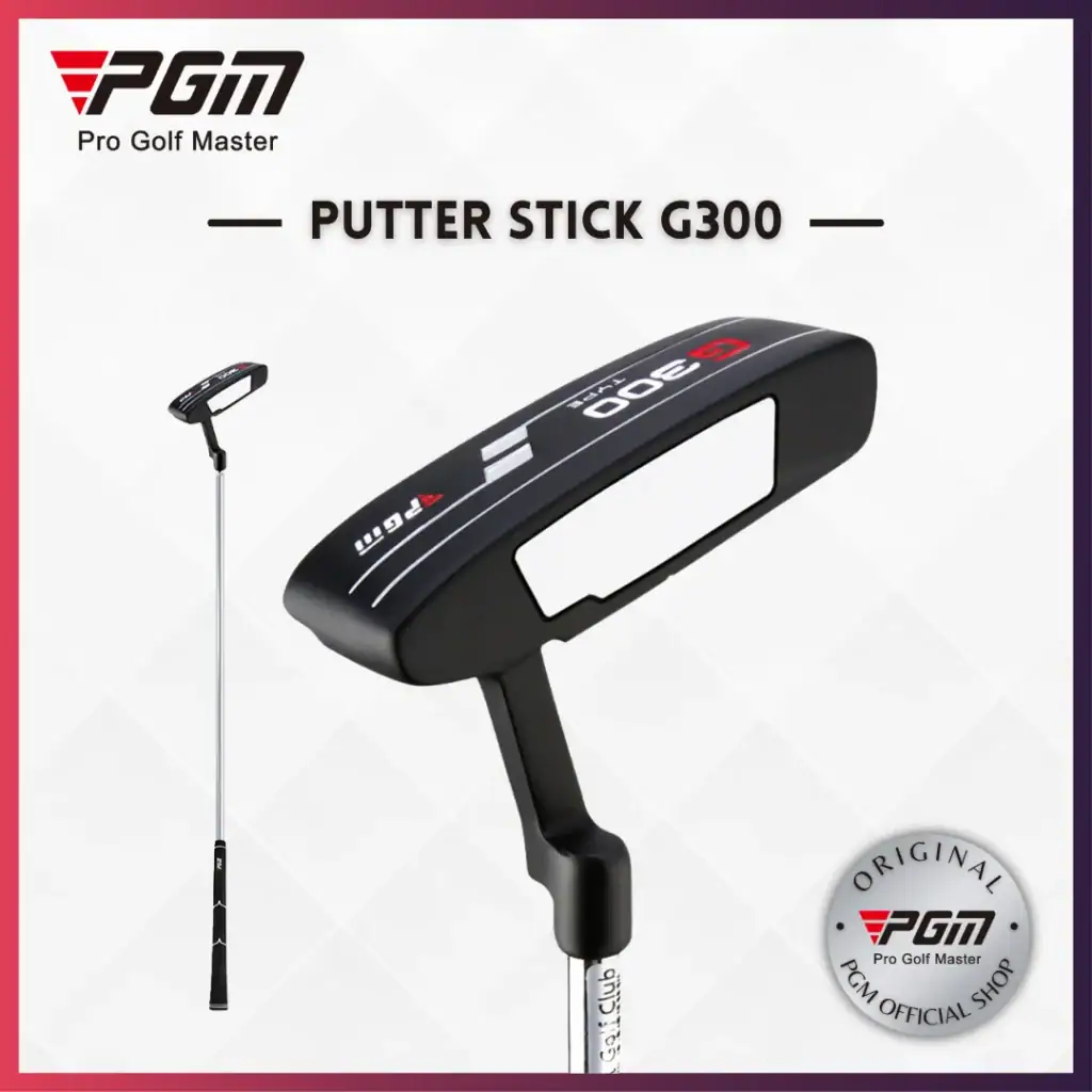 Black PGM G300 putter stick displayed diagonally, with brand logo, product name, and circular “Original PGM” badge on a light geometric background.